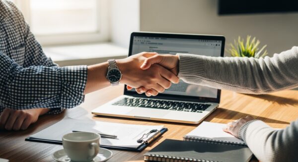 Handschlag zwischen Geschäftspartnern zur Einigung auf eine Qualitäts- und Zufriedenheitsgarantie