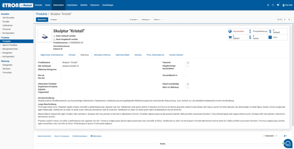 ETRON onRetail E-Commerce erweiterte Artikelstammdaten