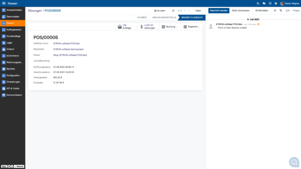 ETRON onRetail Kassenberichte geben Einblick in die täglichen Kassensitzungen