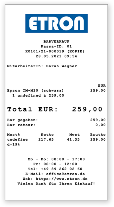 Ein typischer Beleg der ETRON onRetail Kassensoftware