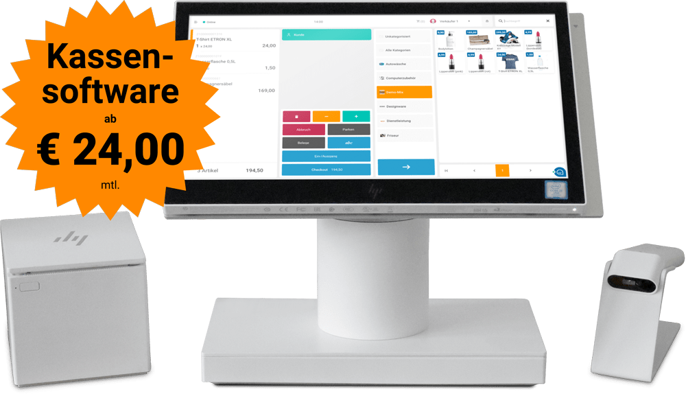 ETRON onRetail Kassenset HP Engage mit Scanner und Bondrucker - Kassensoftware ab €24,00 mtl.