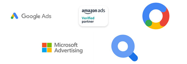 Logos führender Online-Werbeplattformen und Partnerprogramme, darunter Google Ads, Amazon Ads Verified Partner, Microsoft Advertising und digitale Werbesuche und Suchanzeigen