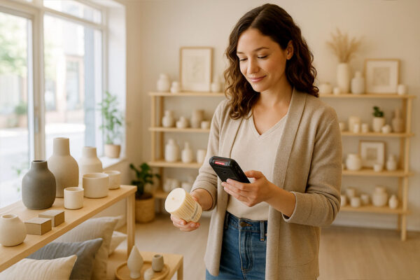 Mitarbeiterin führt digitale Inventur mit mobiler Lösung durch, Schnellzählung und permanenter Abgleich ohne Papierlisten, verlässliche Bestände durch Mehrfachzählung und Differenzprüfung