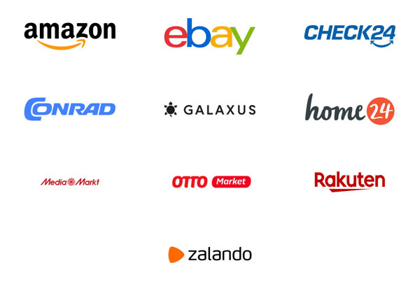 Logos führender Online-Marktplätze und Handelsplattformen im deutschsprachigen Raum und international, darunter Amazon, eBay, CHECK24, Conrad, Galaxus, home24, MediaMarkt, OTTO Market, Rakuten und Zalando