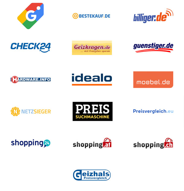Logos von bekannten Preisvergleichs- und Shoppingportalen im deutschsprachigen Raum, darunter Google Shopping, idealo, CHECK24, billiger.de, Geizhals, guenstiger.de, moebel.de, Preisvergleich.eu, PREISSUCHMASCHINE, BESTEKAUF.DE, shopping24, shopping.at, shopping.ch, NETZSIEGER, Geizkragen.de und Hardware.info