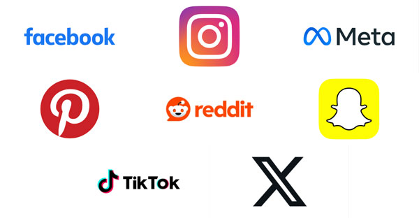 Logos bekannter internationaler Social-Media-Plattformen, darunter Facebook, Instagram, Meta, Pinterest, Reddit, Snapchat, TikTok und X (ehemals Twitter)