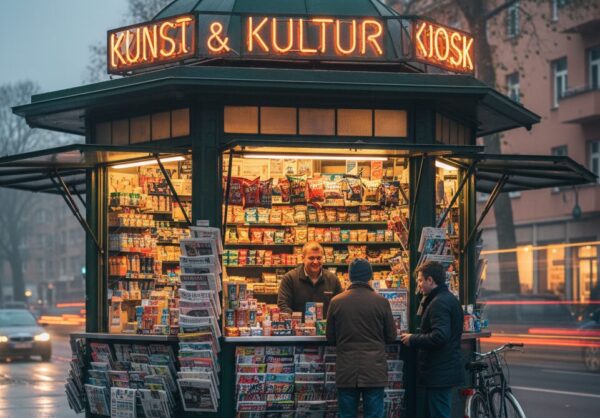 Kiosk mit diversen Waren und Kioskverkäufer an Straßenrand