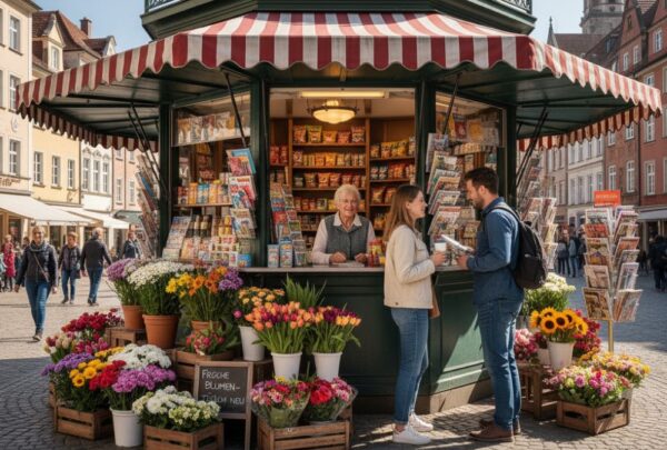Kiosk mit Inhaberin in lebendiger Innenstadt