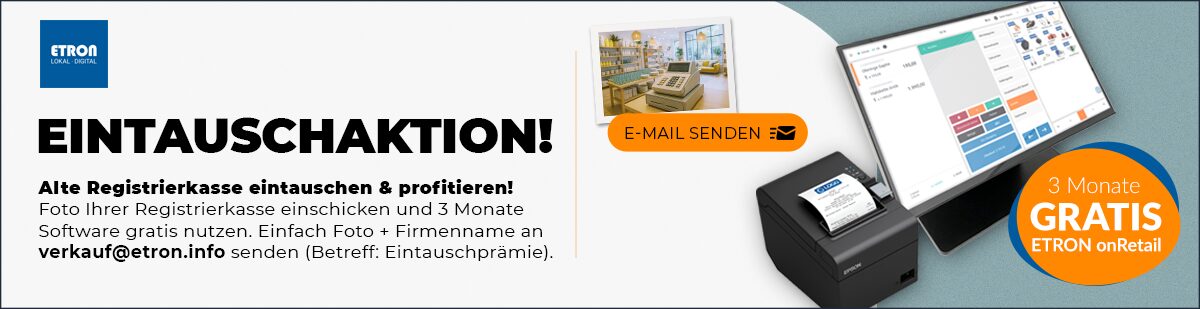 Mit der ETRON Eintauschaktion alte Registrierkassen gegen moderne Kassensoftware tauschen: Foto einsenden und 3 Monate ETRON onRetail kostenlos nutzen.