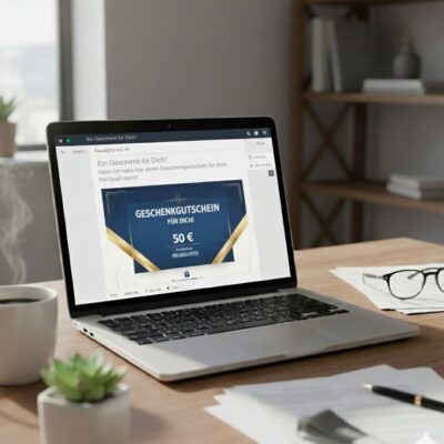 Laptop auf einem Schreibtisch welcher eine per E-Mail zugesendeten Gutschein zeigt