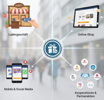 Übersicht der Vertriebskanäle von Gutscheinen - Ladengeschäft, Onlineshop, Mobile & Social Media, Kooperation & Partneraktion