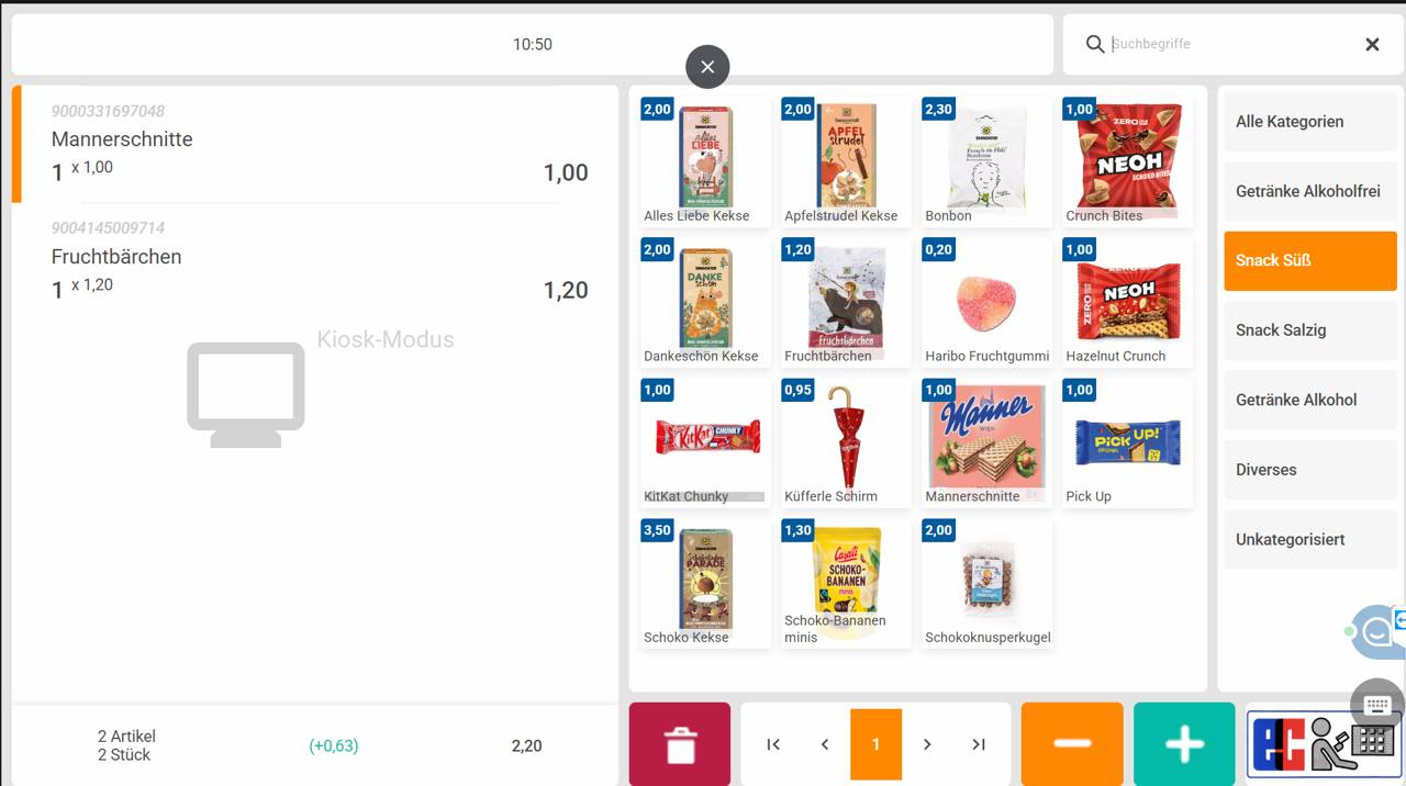 Benutzeroberfläche einer ETRON onRetail Selbstbedienungskasse mit Warenkorb, Produktkatalog und Kategorienauswahl