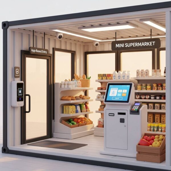 Selbstbedienungskiosk in einem bedienerlosen Mini-Supermarkt mit digitaler Zugangskontrolle und Self-Checkout-Terminal.