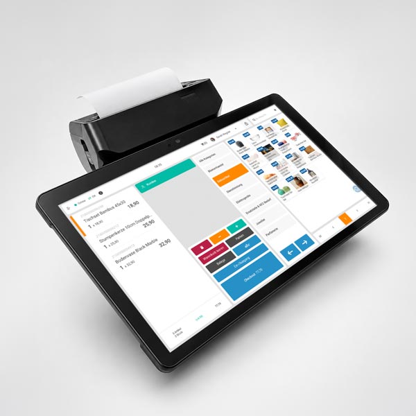 ETRON onRetail Registrierkasse Einsteiger als All-in-One Tablet-Kasse mit Bondrucker, 2D-Scanner und Bezahlterminal