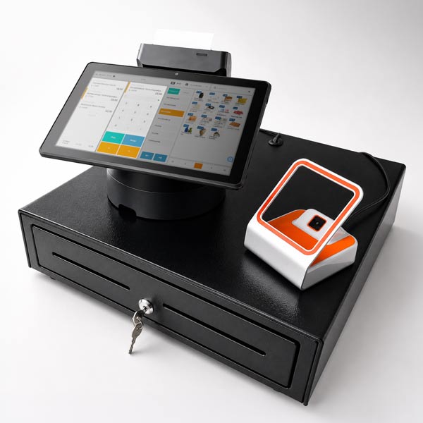 ETRON onRetail Registrierkasse Profi mit Tablet-Kasse, Bondrucker, 2D-Scanner, Bezahlterminal, Kassenlade und Handscanner