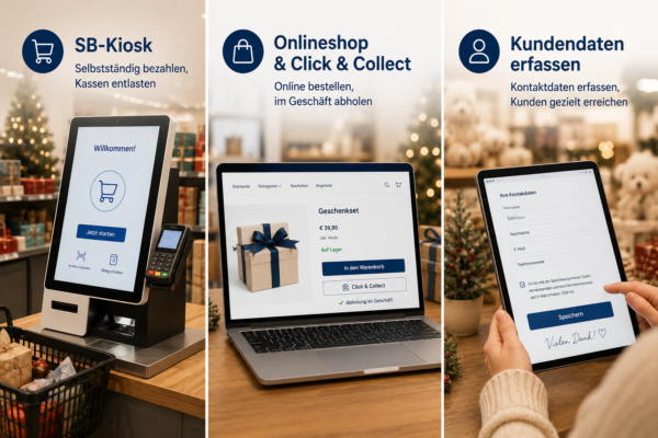 SB-Kiosk, Onlineshop mit Click & Collect und digitale Kundendatenerfassung per Tablet im weihnachtlich dekorierten Store