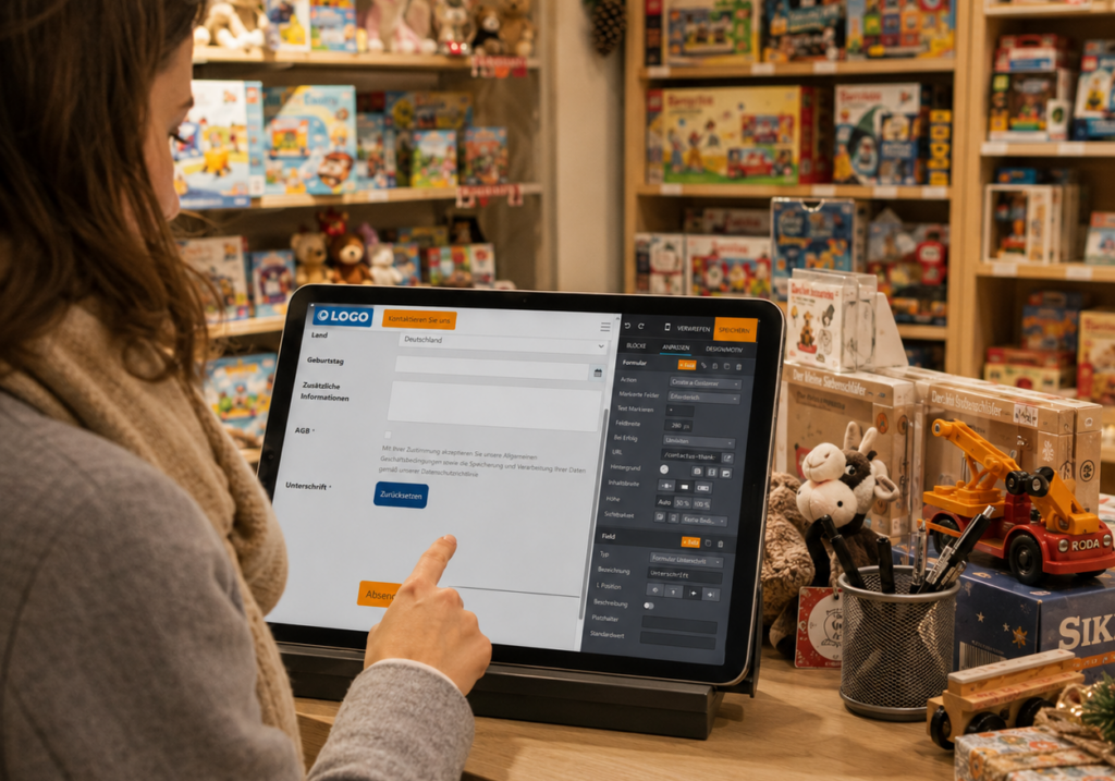 Kundin bedient ein Tablet mit digitalem Formular in einem weihnachtlich dekorierten Spielwarengeschäft.